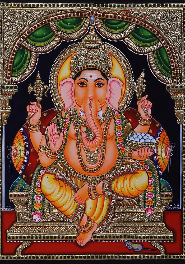 Lord Ganesha With Prabhavali Tanjore Painting 24K Gold