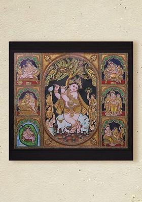 Lord Krishna With Yashoda Mata Consorts Tanjore Painting 24K Gold
