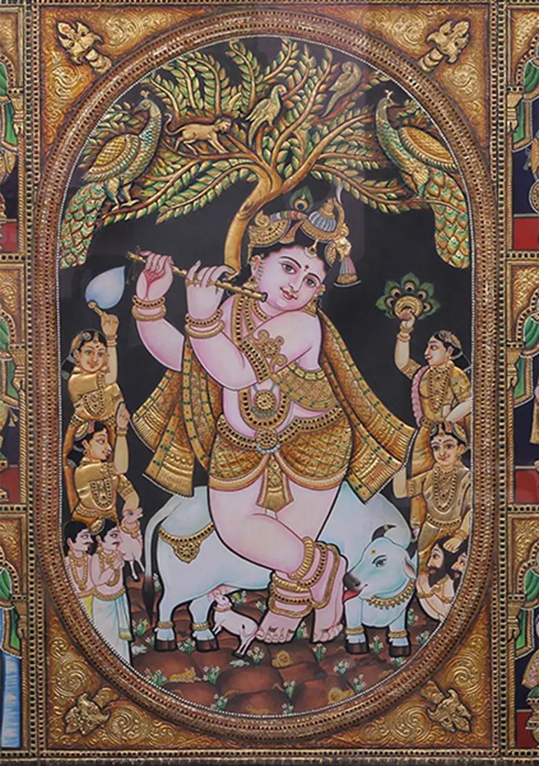 Lord Krishna With Yashoda Mata Consorts Tanjore Painting 24K Gold