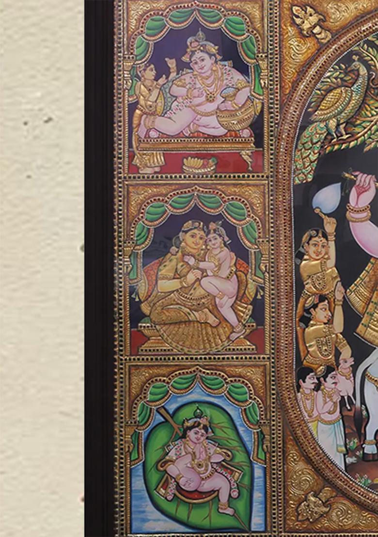 Lord Krishna With Yashoda Mata Consorts Tanjore Painting 24K Gold