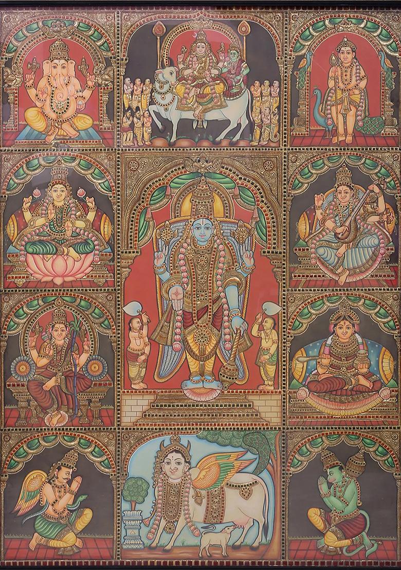 Lord Vishnu With Deities Tanjore Painting 24K Gold