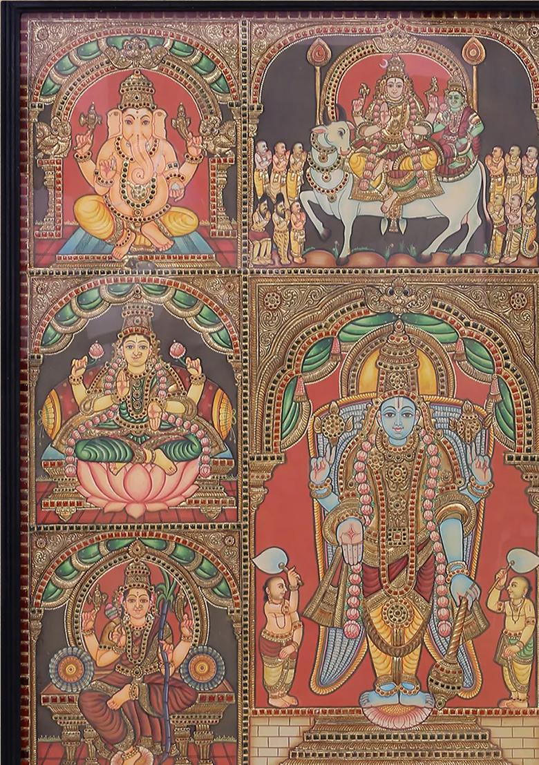 Lord Vishnu With Deities Tanjore Painting 24K Gold