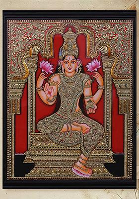 Blessing Goddess Lakshmi Tanjore Painting 24K Gold
