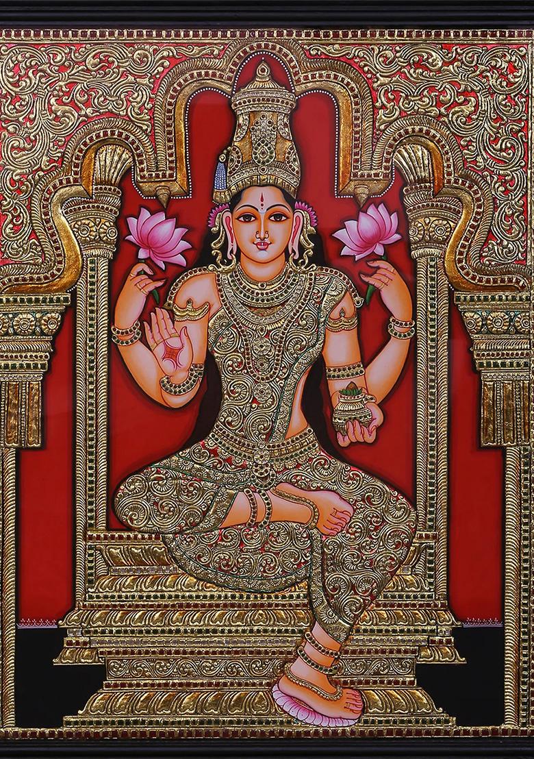 Blessing Goddess Lakshmi Tanjore Painting 24K Gold