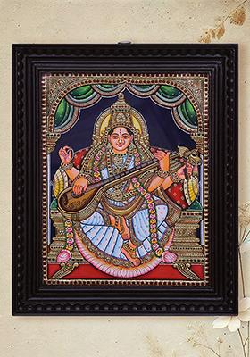 Goddess Saraswati Seated On Pedestal Tanjore Painting 24K Gold