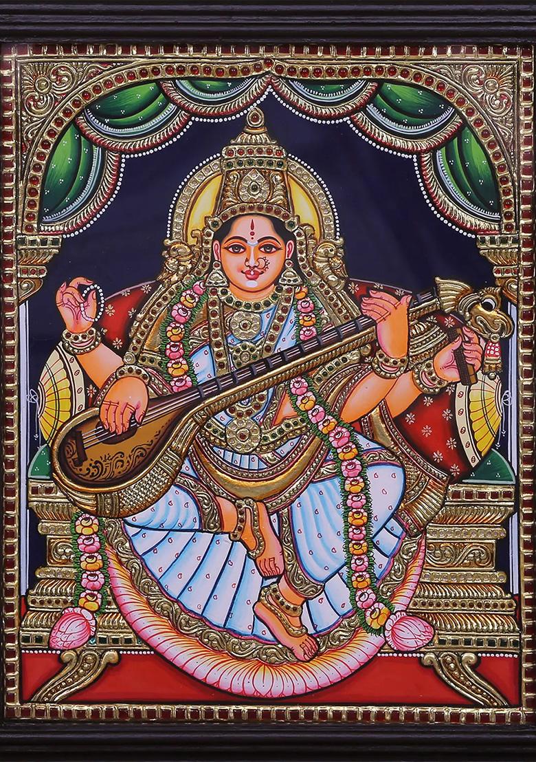 Goddess Saraswati Seated On Pedestal Tanjore Painting 24K Gold