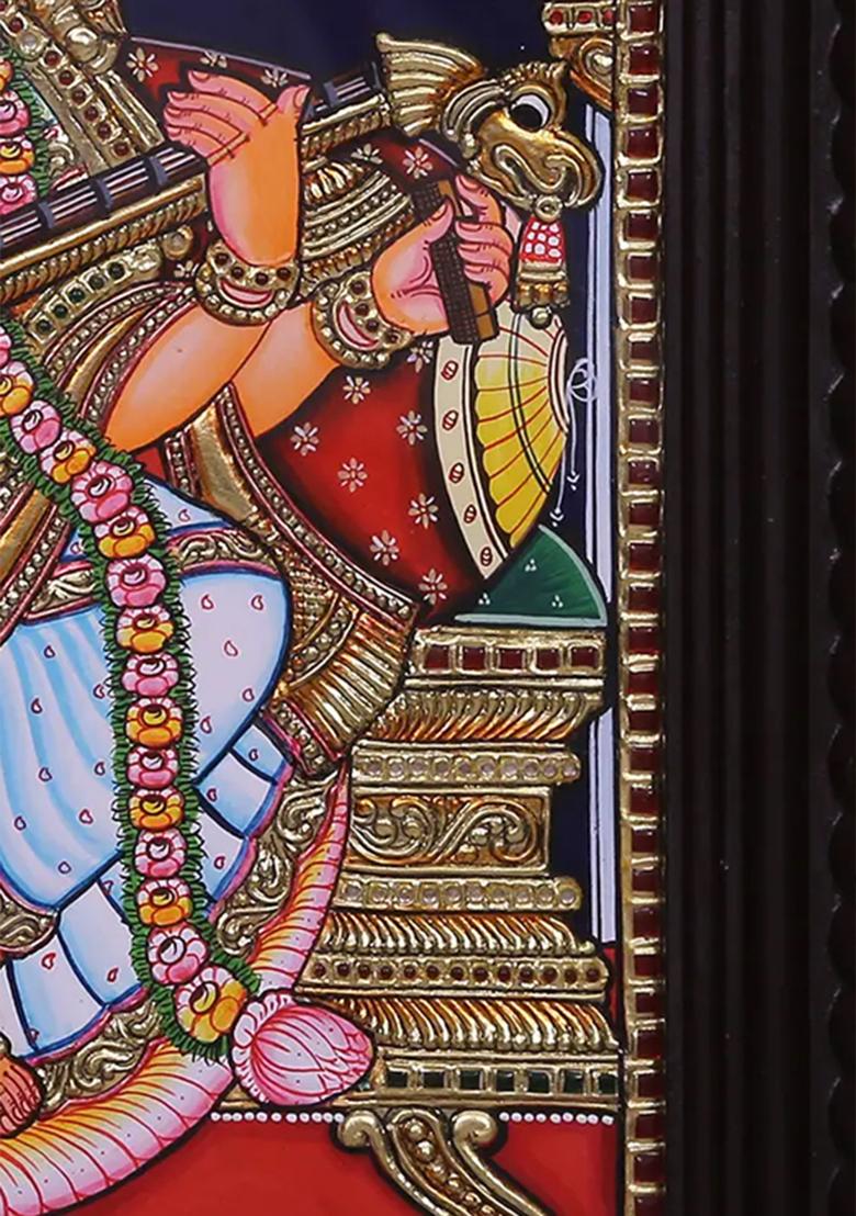 Goddess Saraswati Seated On Pedestal Tanjore Painting 24K Gold