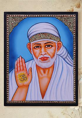 Blessing Sai Baba Tanjore Painting 24K Gold