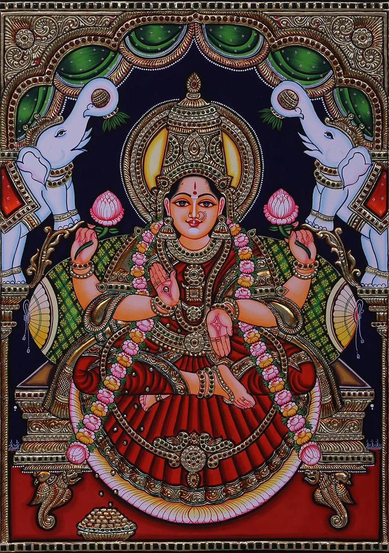 Fourhanded Goddess Gajalakshmi Tanjore Painting 24K Gold