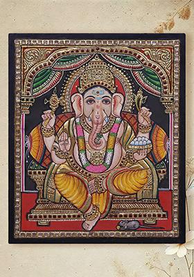 Chaturbhuj Lord Ganapati Seated Tanjore Painting 24K Gold