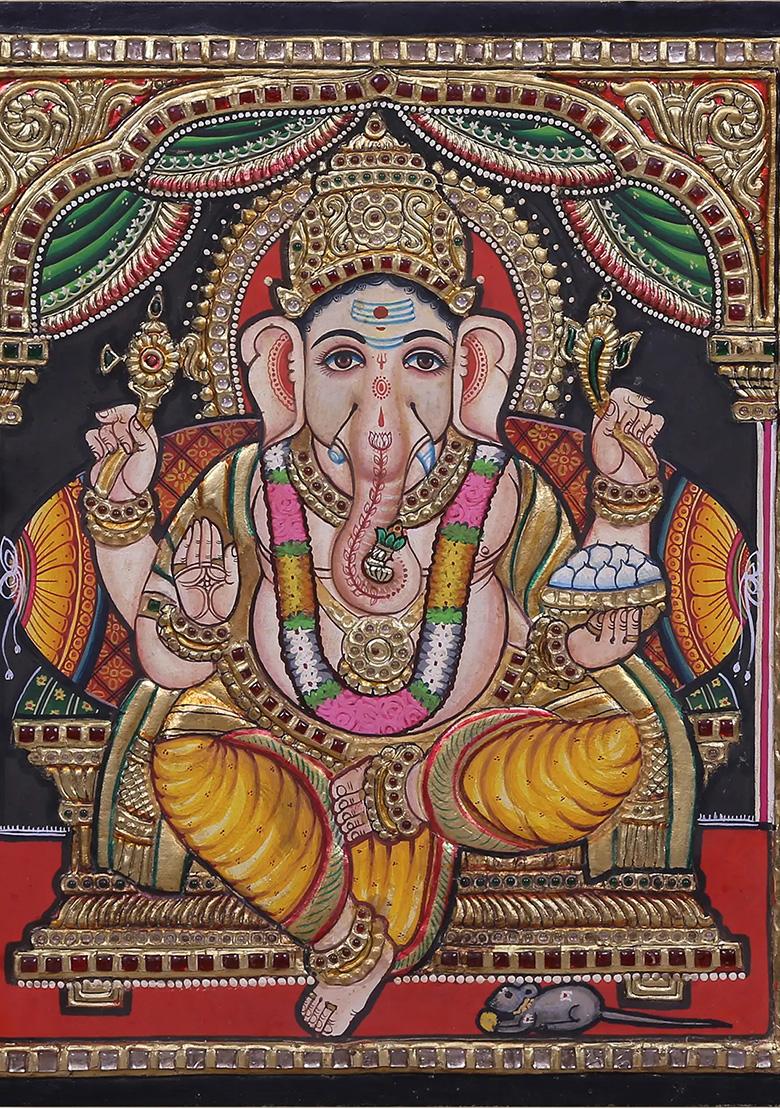 Chaturbhuj Lord Ganapati Seated Tanjore Painting 24K Gold
