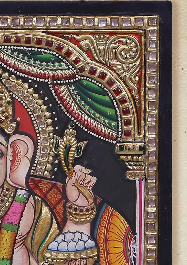 Chaturbhuj Lord Ganapati Seated Tanjore Painting 24K Gold