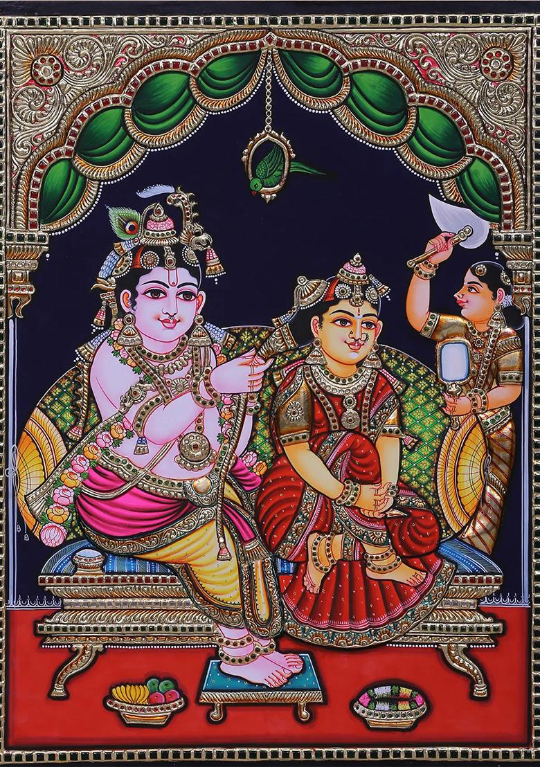 Goddess Radharani With Lord Krishna Tanjore Painting Love