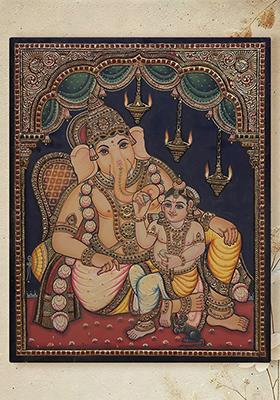 Little Krishna Seated On Lord Ganesha Lap Tanjore Painting Bond