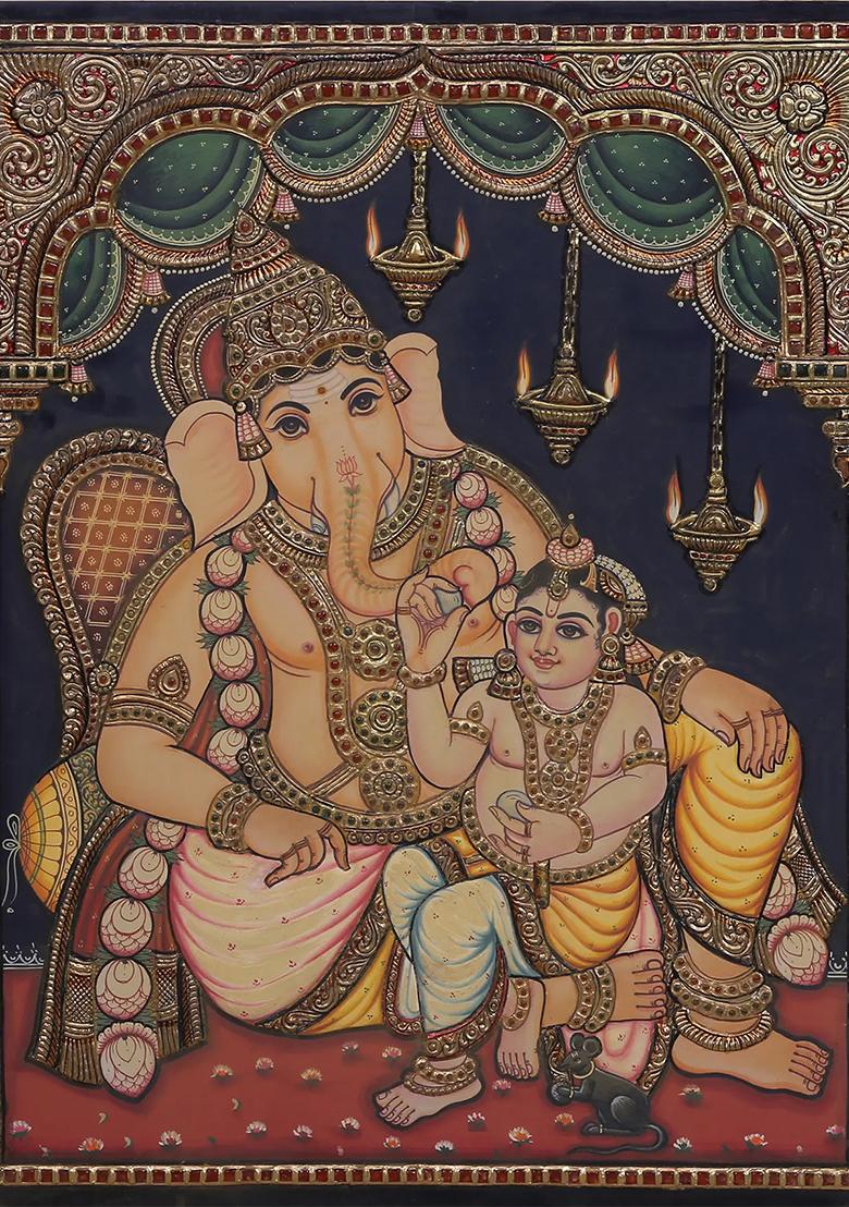 Little Krishna Seated On Lord Ganesha Lap Tanjore Painting Bond
