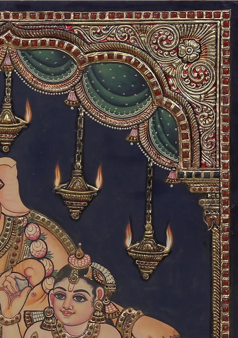 Little Krishna Seated On Lord Ganesha Lap Tanjore Painting Bond