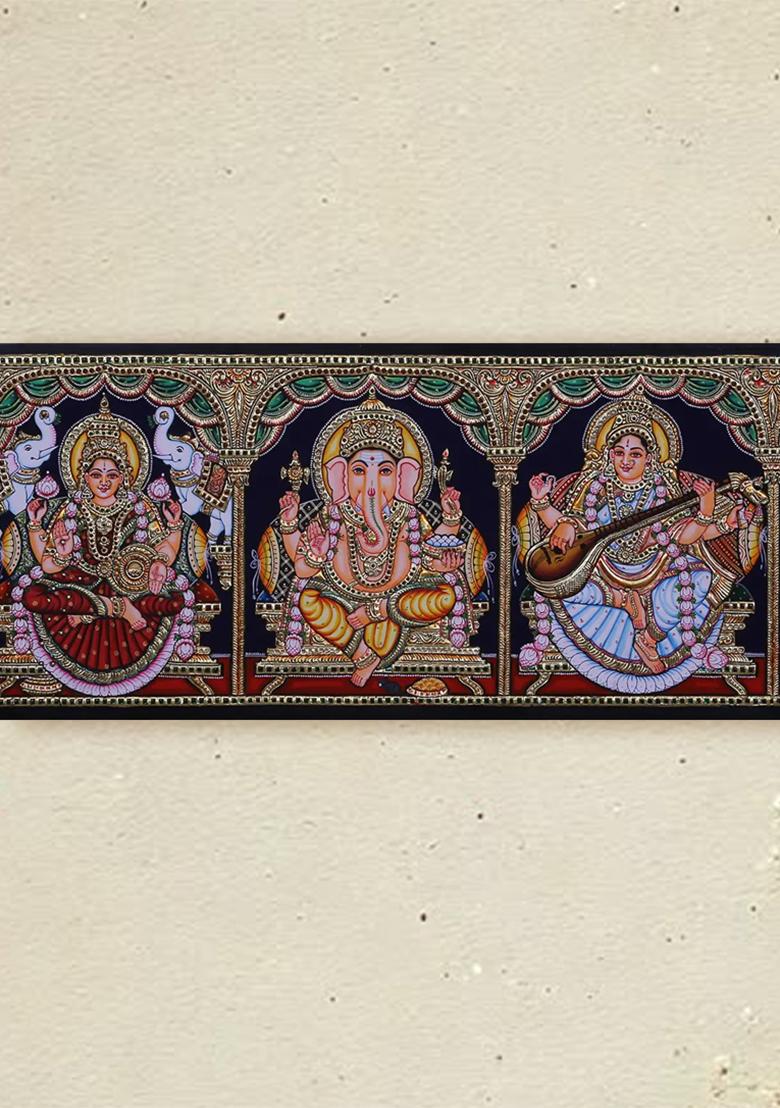 Lord Ganesha With Deities Tanjore Painting 24K Gold