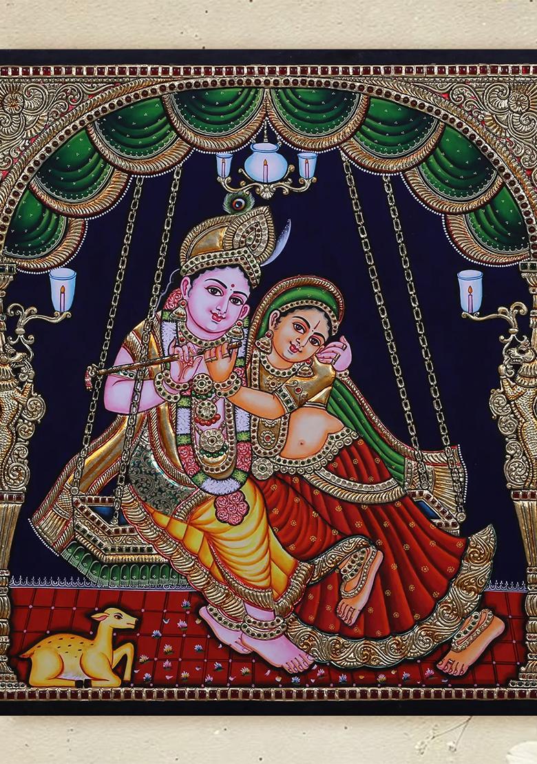 Radha Krishna On Swing Tanjore Painting Indian