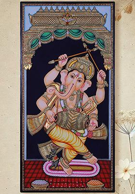 Dancing Ganesha Playing Drum Tanjore Painting 24K Gold