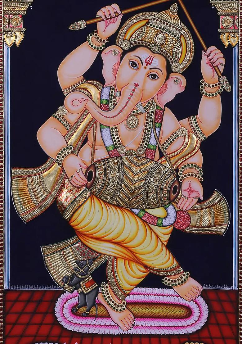 Dancing Ganesha Playing Drum Tanjore Painting 24K Gold