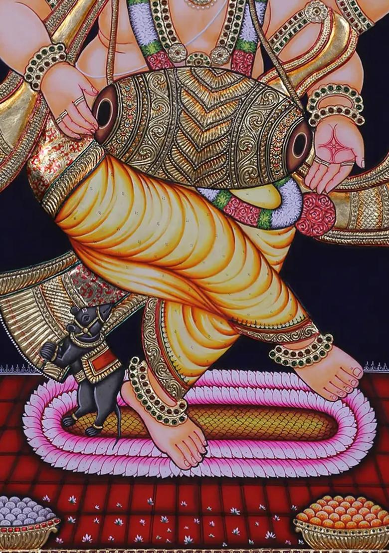 Dancing Ganesha Playing Drum Tanjore Painting 24K Gold
