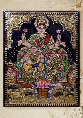 Lord Kubera And Bhadra With Goddess Lakshmi Tanjore Painting