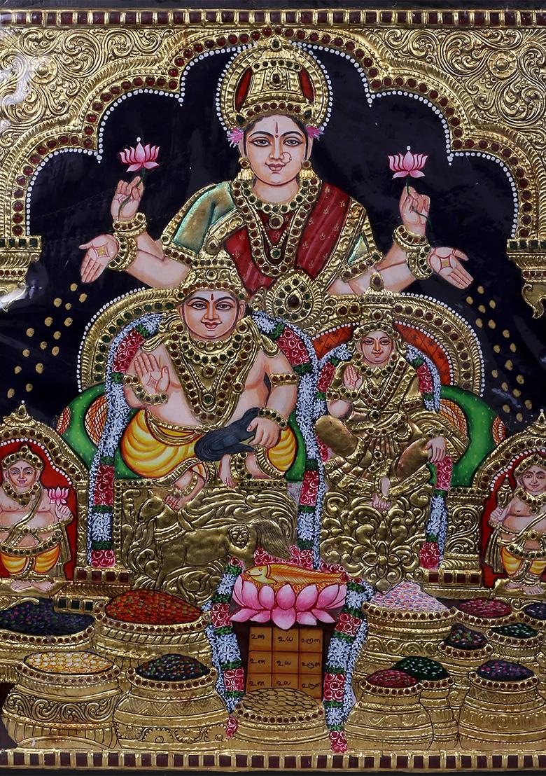 Lord Kubera And Bhadra With Goddess Lakshmi Tanjore Painting