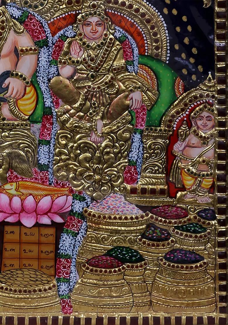 Lord Kubera And Bhadra With Goddess Lakshmi Tanjore Painting