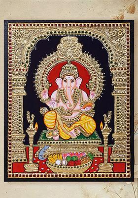 Lord Ganesha Seated Tanjor Painting