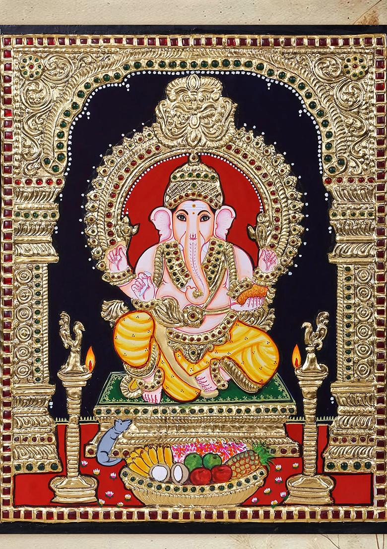 Lord Ganesha Seated Tanjor Painting