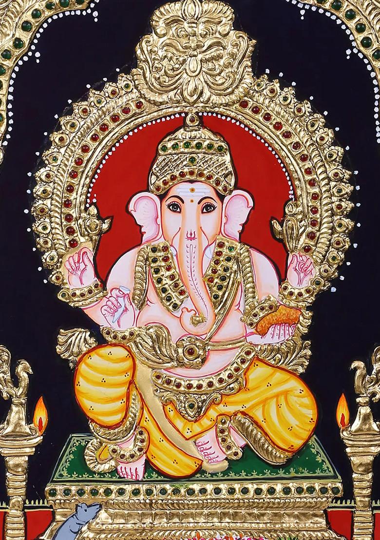 Lord Ganesha Seated Tanjor Painting
