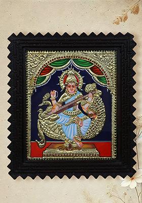 Goddess Saraswati With Swan Tanjore Painting