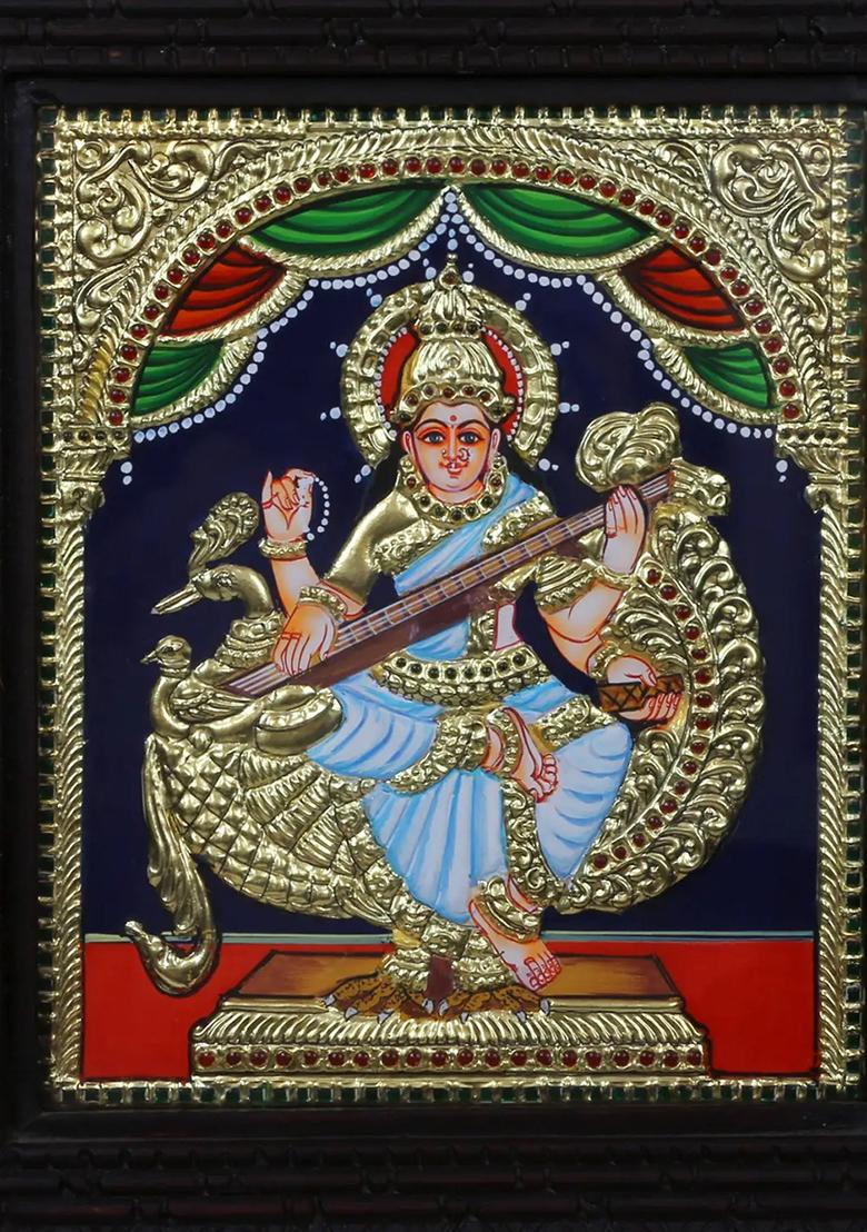 Goddess Saraswati With Swan Tanjore Painting