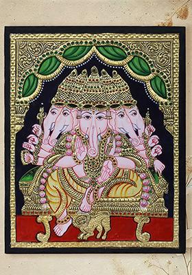 Panchmukhi Lord Ganesha Seated Tanjore Painting