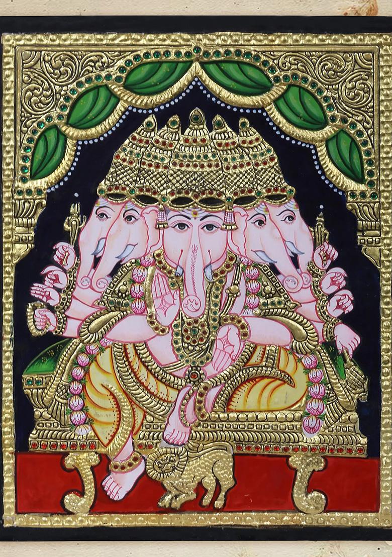 Panchmukhi Lord Ganesha Seated Tanjore Painting