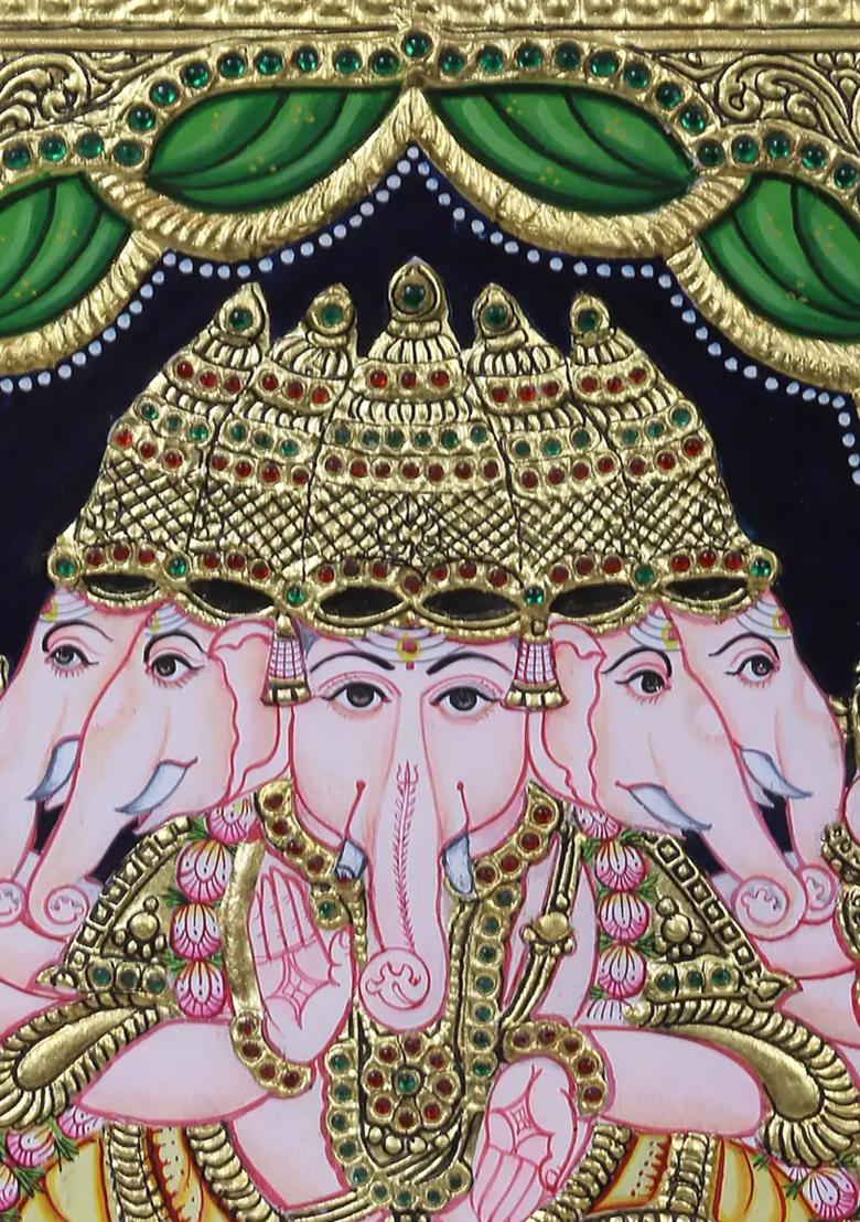 Panchmukhi Lord Ganesha Seated Tanjore Painting