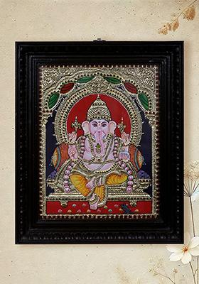 Sitting Lord Ganesha Tanjore Painting