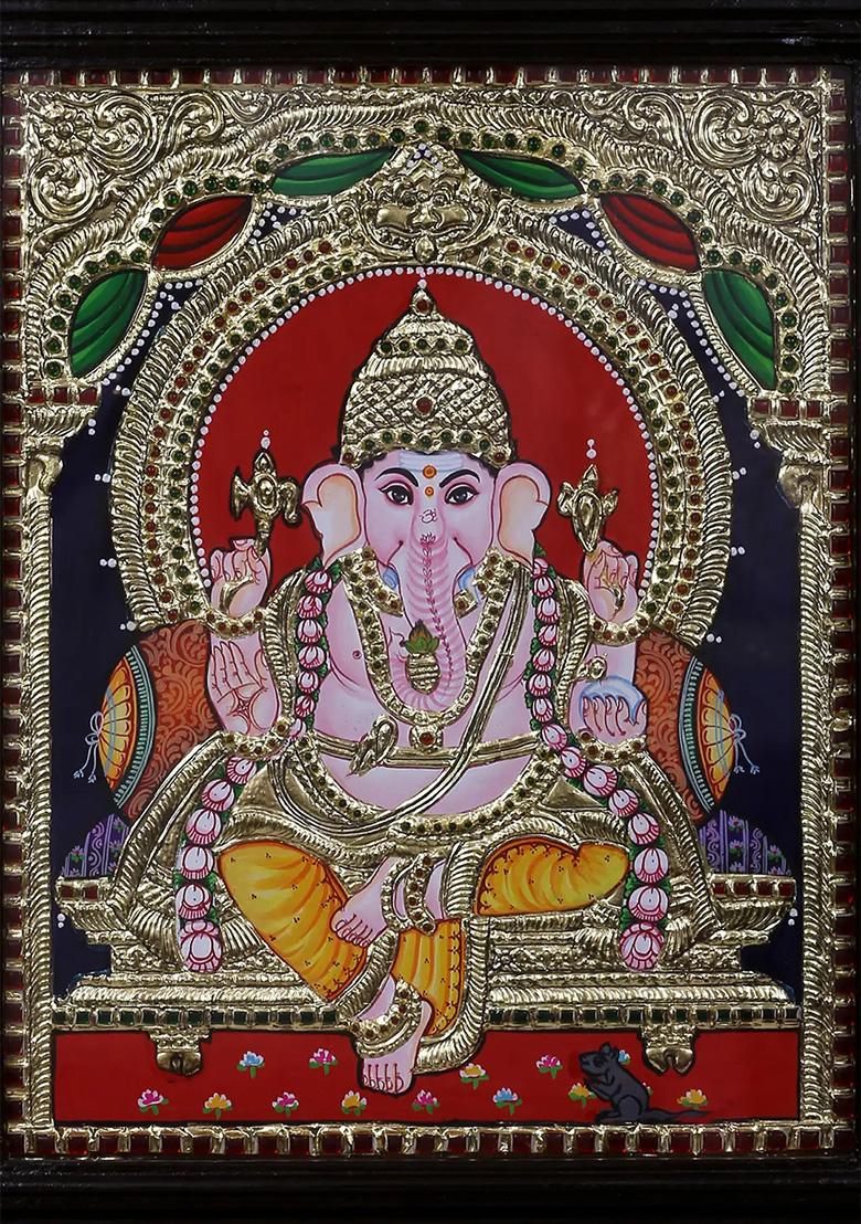 Sitting Lord Ganesha Tanjore Painting