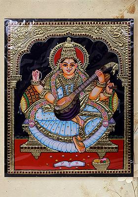Goddess Saraswati Tanjore Painting 24K Gold