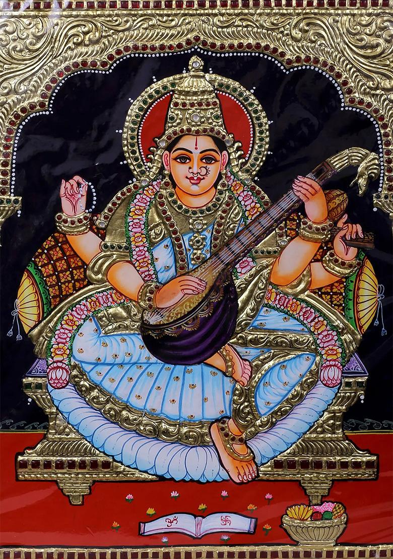 Goddess Saraswati Tanjore Painting 24K Gold
