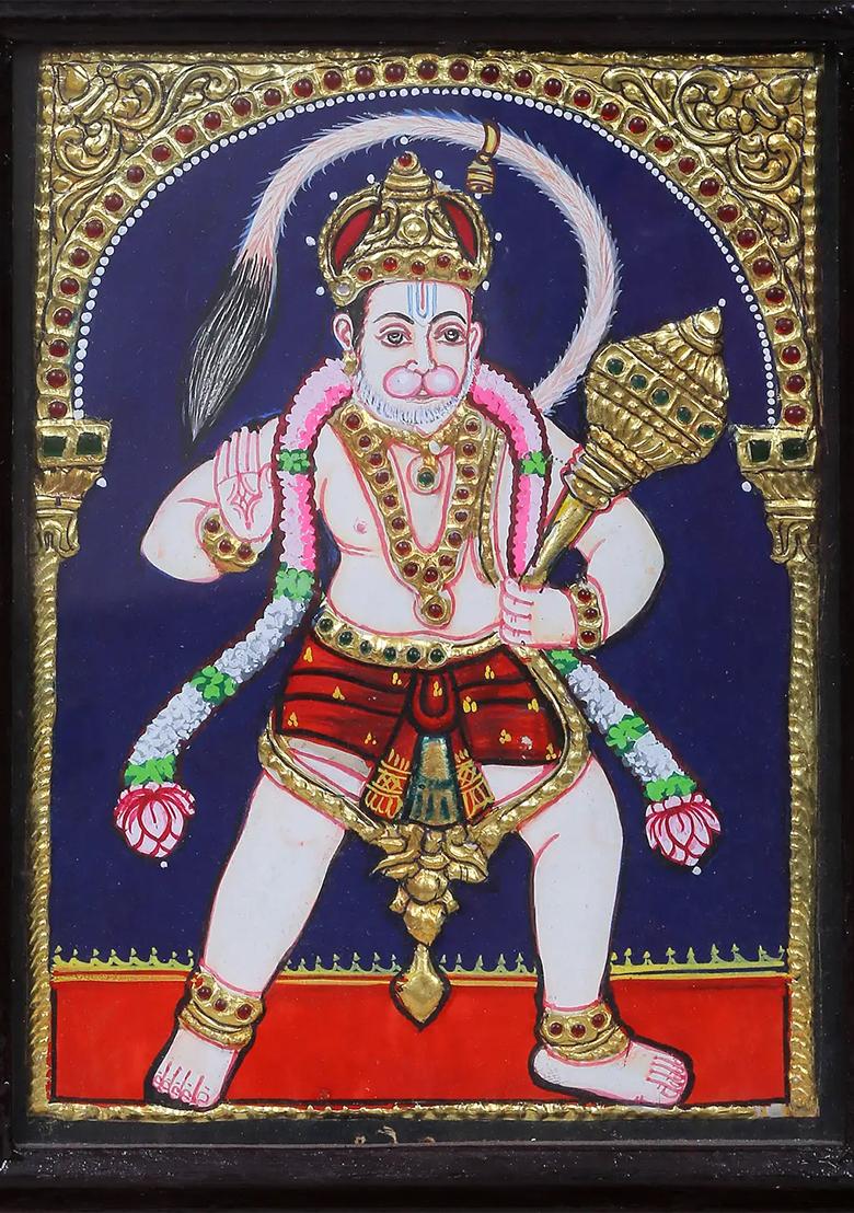 Standing Lord Hanuman Tanjore Painting 24 Karat Gold