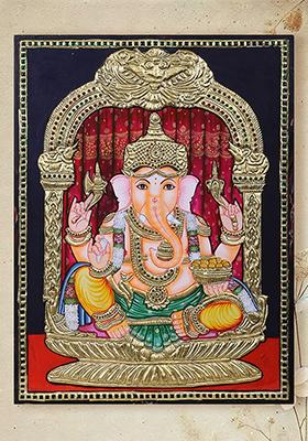 Sitting Lord Ganesha Tanjore Painting