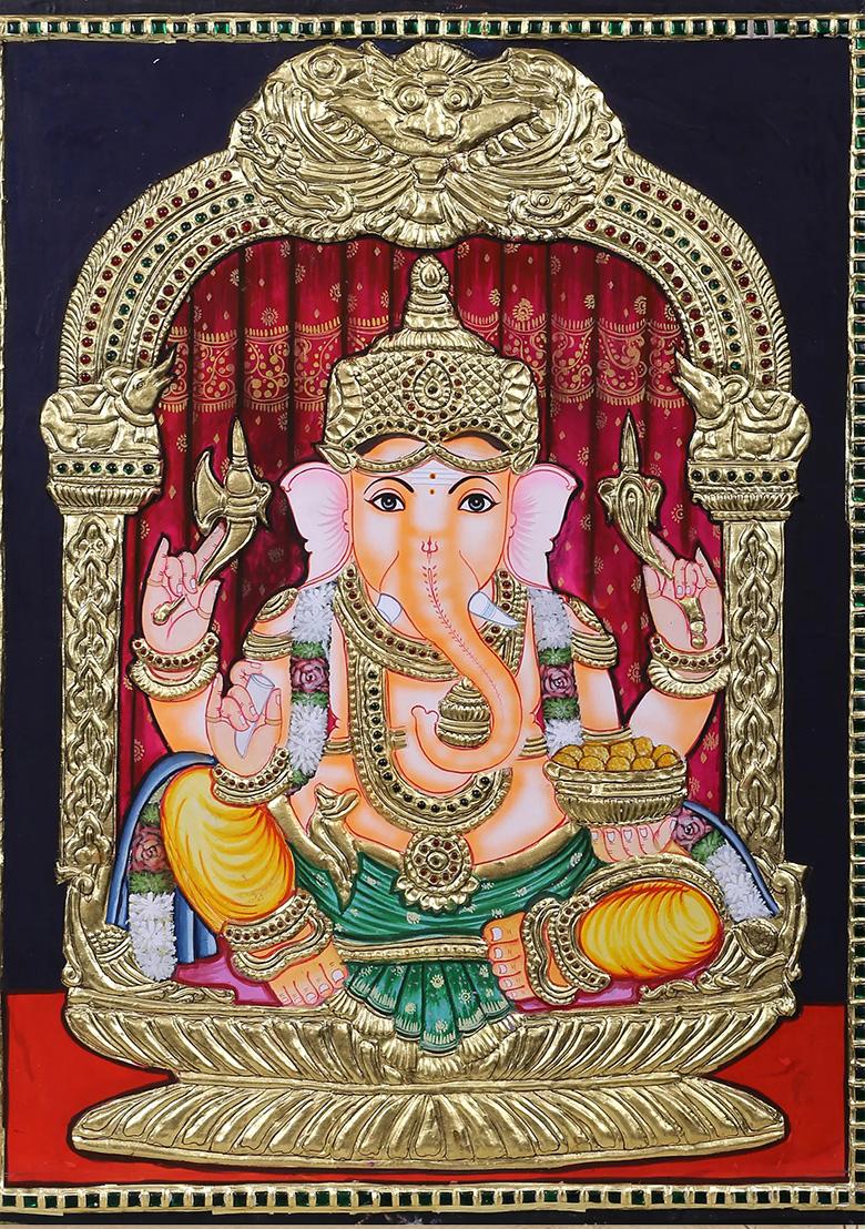 Sitting Lord Ganesha Tanjore Painting