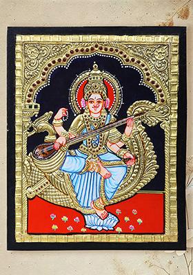 Devi Saraswati Seated On Peacock Tanjore Painting