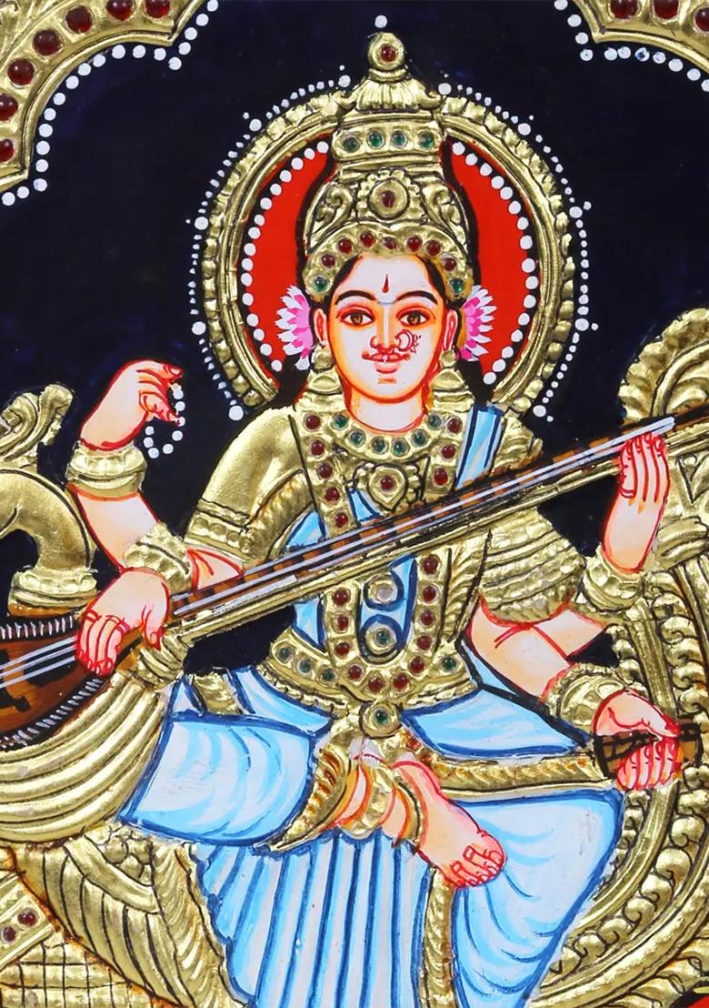Devi Saraswati Seated On Peacock Tanjore Painting