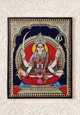 Goddess Santoshi Seated On Pedestal Tanjore Painting