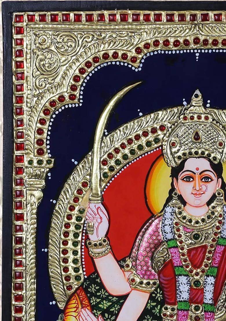 Goddess Santoshi Seated On Pedestal Tanjore Painting