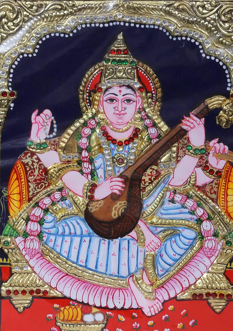 Saraswati Goddess Of Knowledge Tanjore Painting