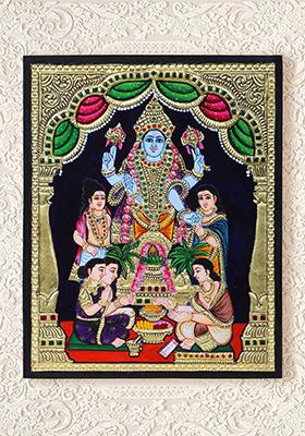 Lord Vishnu Satyanarayan Worship By Family Tanjore Painting