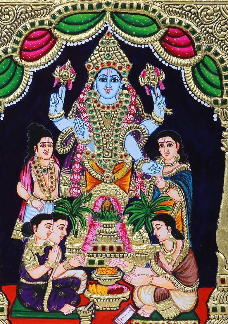Lord Vishnu Satyanarayan Worship By Family Tanjore Painting